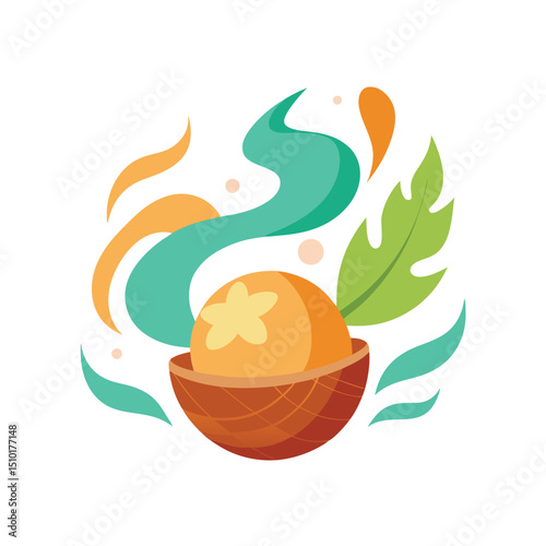 Colorful abstract composition featuring an orange sphere in a decorative woven bowl design