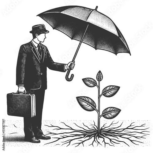 businessman protecting a young plant from rain with an umbrella, symbolizing investment, care, and business growth sketch engraving generative ai vector illustration. Scratch board. Black and white.