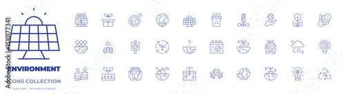 Environment icons collection. Thin Line icons, editable stroke. forest, solar panel, tectonic plates, geothermal energy, sustainable, environment, sustainability, planet earth, ecology, global warming