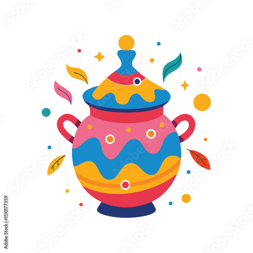 Colorful and decorative vector illustration of a ceramic pot with lid and floral elements