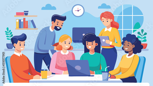 Diverse Team Collaboration People Working Together Around Table with Laptop, Tablet, and Drinks in Office