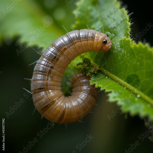 Close up of Leaf eating worm climb on green leave