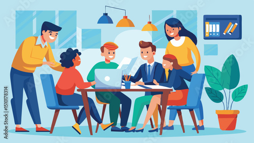 Diverse Team Collaborating Around a Table with Laptop, Documents, and Potted Plant in Office