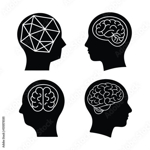 Human head silhouette with brain vector icon set for psychology intelligence and education