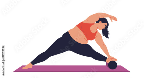 Overweight woman stretching on yoga mat while exercising indoors - Concept of fat people do sports  