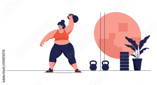 Woman exercising with kettlebell in fitness studio setting - Concept of fat people do sports  