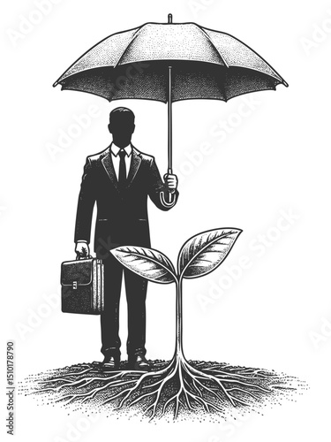 businessman protecting a young plant from rain with an umbrella, symbolizing investment, care, and business growth sketch engraving generative ai vector illustration. Scratch board. Black and white.