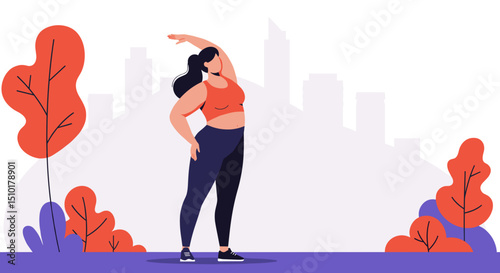 Plus-size woman stretching outdoors with city skyline in background  