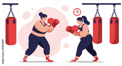 Two women boxing in a gym with punching bags representing fitness