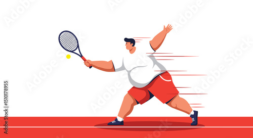 Fat man playing tennis with enthusiasm on a red court background  