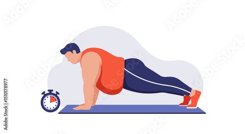 Man exercising in a plank position on a yoga mat with timer - Concept of fat people do sports  