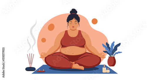 Plump woman meditating on yoga mat with plants and incense in background  