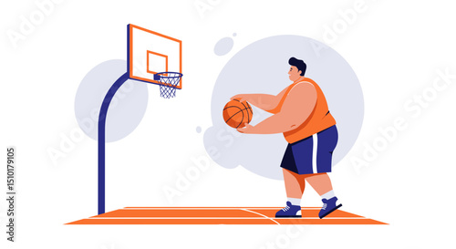 Overweight man playing basketball on court during practice session - Concept of fat people do sports  