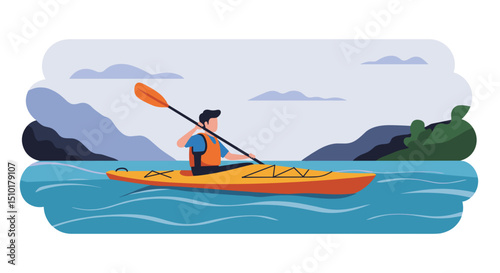 Man kayaking in a river surrounded by mountains and clouds  