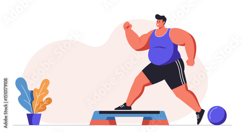 Man exercising on a step platform with confidence in a fitness space - Concept of fat people do sports  