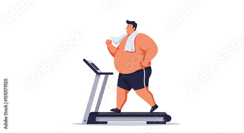 Overweight man exercising on treadmill with towel in modern gym - Concept of fat people do sports  