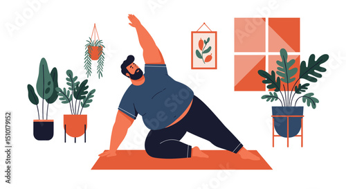Man practicing yoga on mat in bright room with plants - Concept of fat people do sports  
