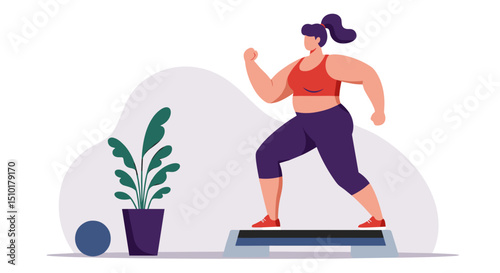 Plus-size woman exercising on step platform with indoor plant  