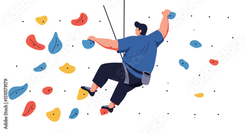 Man climbing on indoor rock wall while exercising for fitness  