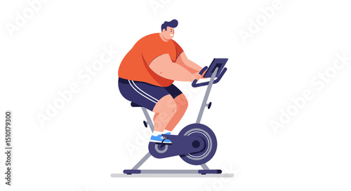 Man exercising on stationary bike in gym setting - Concept of fat people do sports  