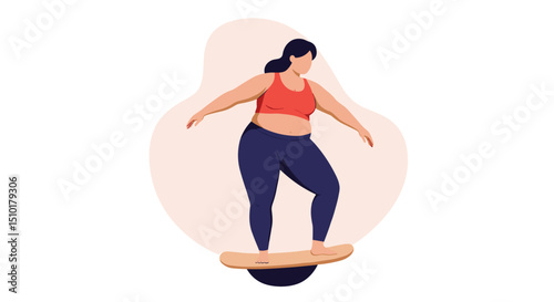 Woman balancing on a board in active pose with a relaxed expression  