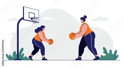 Two overweight women playing basketball outdoors in casual sportswear  