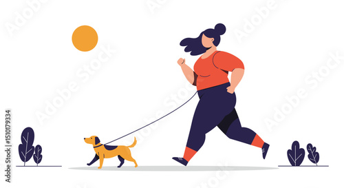 Woman jogging with dog in sunny park during the day - Concept of fat people do sports  