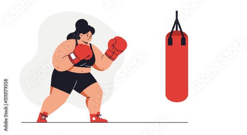 Overweight woman boxing against a punching bag in a gym setting  