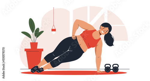 Woman exercising side plank pose in home gym for fitness concept  
