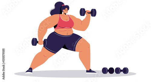 Plus-size woman exercising with dumbbells in fitness attire - Concept of fat people do sports  