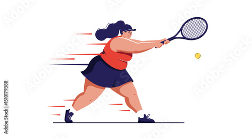 Fat woman playing tennis with energetic movement in a dynamic setting  
