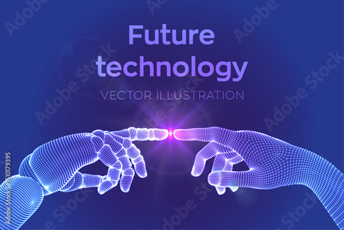Futuristic Technology Vector with Robotic Human Hands Touching AI and Human Collaboration Concept with Glowing Connection in Blue Wireframe Design
