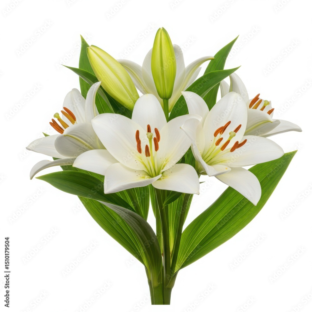 Obraz premium Close up of a bouquet of white lilies with green leaves on a white background