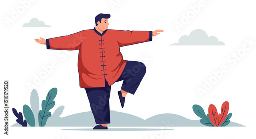 Man practicing Tai Chi in a natural landscape during daytime - Concept of fat people do sports  