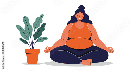 Woman practicing yoga in a relaxed pose with plant nearby - Concept of fat people do sports  