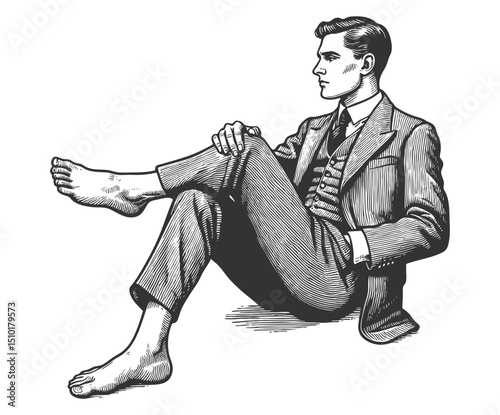 Barefoot businessman sketch engraving generative ai fictional character vector illustration. Scratch board imitation. Black and white image.