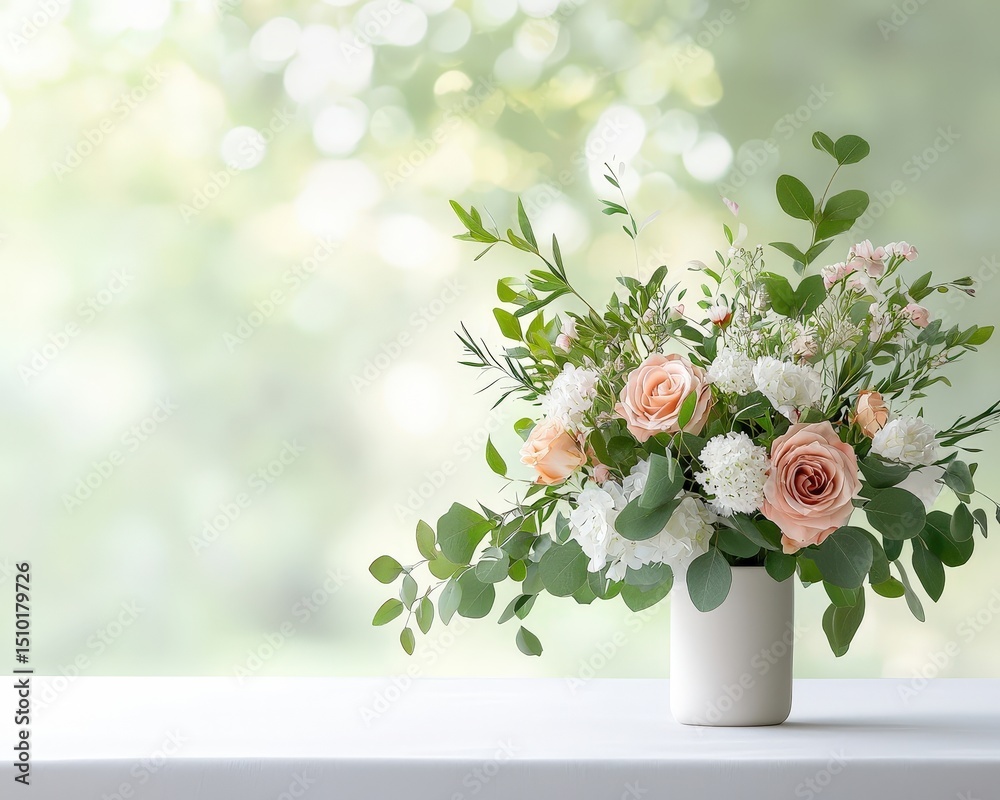 Fototapeta premium A vase of flowers sits on a table, with a green leafy stem and a pink