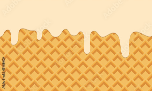 Melting vanilla ice cream on wafer background. Flowing vanilla cream on wafer vector. Melted vanilla ice cream dropping on ice cream cone texture square background graphic illustration