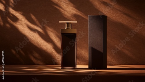 A sophisticated fragrance for the modern gentleman is presented in a luxury men's perfume within an elegant bottle on a brown background with copy space