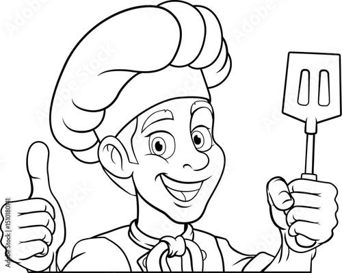 A chef, barbecue cook or baker cartoon food man mascot character holding a spatula and peeking around a sign or menu board with copy space illustration