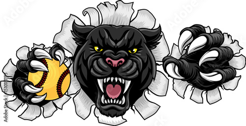 Black panther leopard or jaguar cat softball sports team mascot holding a ball