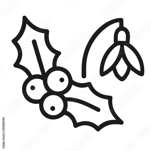 Minimalist Line Drawing Holly Berry and Snowdrop Flower Plant Illustration