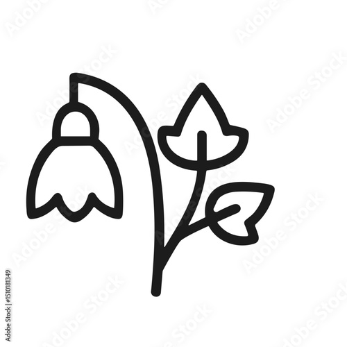 Minimalist Line Art Snowdrop Flower with Leaves Botanical Illustration Icon