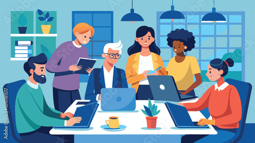 Diverse Team Collaborating on Laptops in a Modern Office Illustration Style
