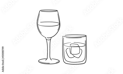 Alcohol with glasses continious line drawing. Whiskey,  wine glasses with drinks. Cheers toast festive decoration for holidays. Vector illustration
