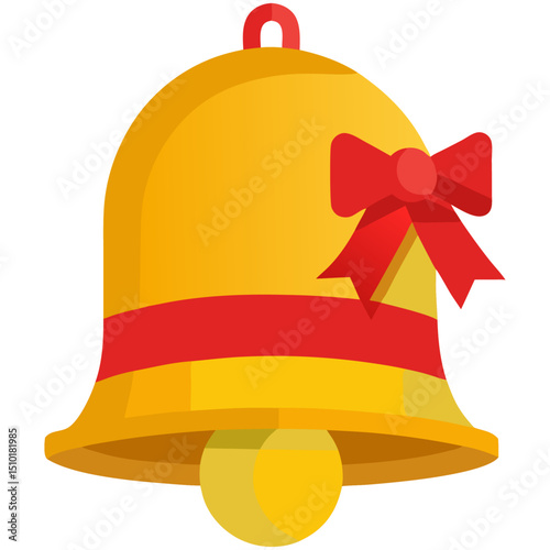 Golden bell with red ribbon vector illustration, festive holiday decoration symbol

