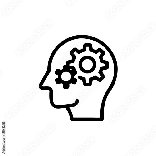 Head silhouette with gears representing cognitive processes  