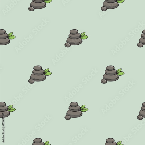 Spa stones. Vector seamless pattern. Bright illustration for background, print, wrapping paper. Repeating pattern on green background