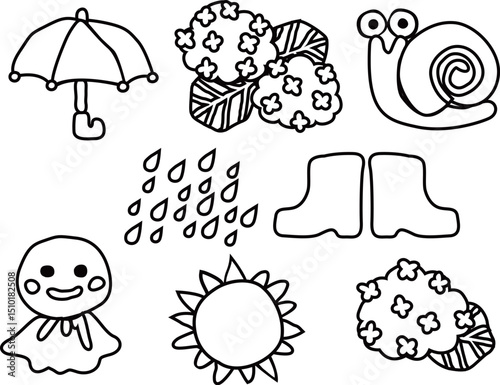 6月や梅雨のアウトライン白黒線画イラストセット	
