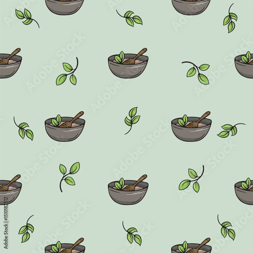 SPA bowl. Solution and pestle with cosmetic product. Vector seamless pattern. Bright illustration for background, print, wrapping paper. Repeating pattern on green background